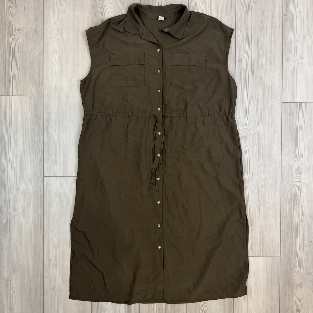 Old Navy Dress Womens XL Waist Defined Utility Midi Sleeveless Button Shirt Tie